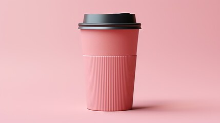  a pink coffee cup with a black lid on a pink background.  generative ai