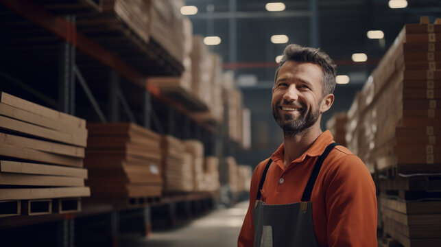 Confident friendly man working in a warehouse in a building materials hypermarket
