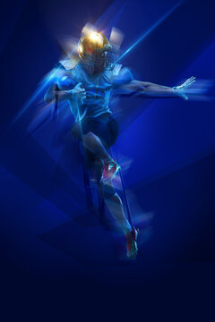 Dynamic image of American football player in motion with ball over dark blue background in neon light. Winner. Concept of sport event, championship, betting, game. Poster for ad