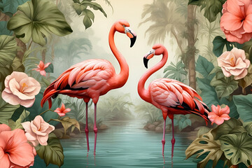 wallpaper jungle and leaves tropical forest mural flamingo and birds old drawing vintage background