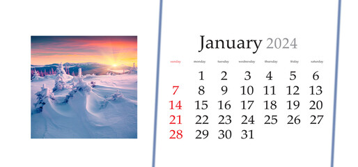 Set of horizontal flip calendars with amazing landscapes in minimal style. January 2024. Stunning...
