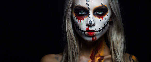 Lovely woman wears halloween makeup, has zombie image, looks with scaring expression, isolated over black background, free space for your promotion