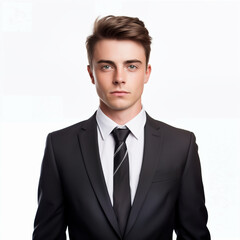 Portrait of a handsome young man in black suit, isolated on white background
