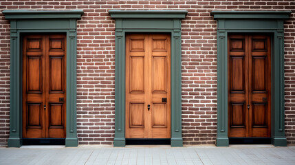 Brick wall with a three wooden doors, right choice concept