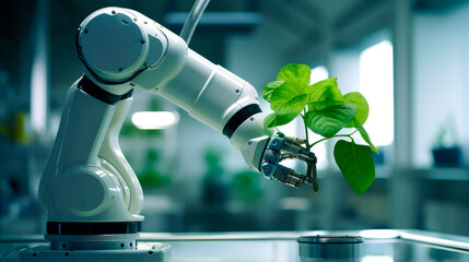 Modern robotic arm working in a bright laboratory with fresh green plant