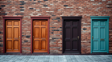 Brick wall with a four different color wooden doors, right choice concept