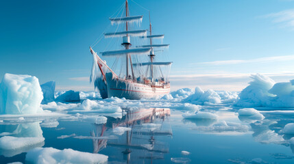Ship Icing caused by freezing sea spray. Wood sailing ship in the north polar