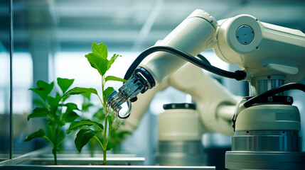 White robotic arm working in a bright laboratory with fresh green plant - obrazy, fototapety, plakaty