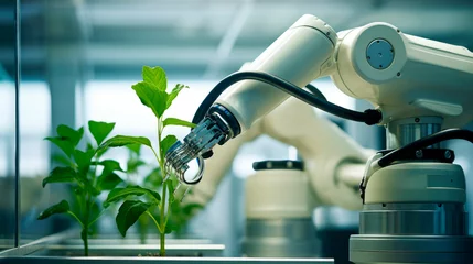 Tuinposter White robotic arm working in a bright laboratory with fresh green plant © graja