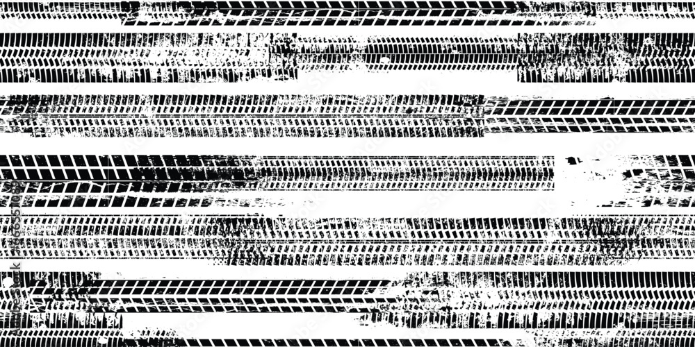 Poster Tire track seamless pattern. Grange tread marks .Grunge textured vector car tread . Car trails endless pattern texture. Tyre track seamless texture. Wheel tire tread track background