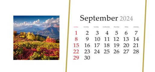 Set of horizontal flip calendars with amazing landscapes in minimal style. September 2024. Colorful autumn morning in Caucasus mountains. Morning in Upper Svaneti, Georgia, Europe.