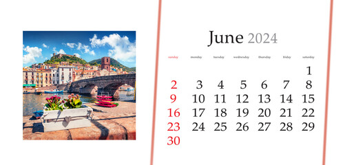 Set of horizontal flip calendars with amazing landscapes in minimal style. June 2024. Colorful...