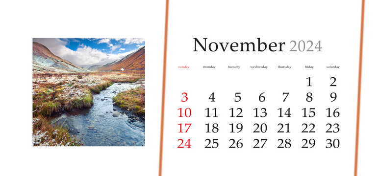Set of horizontal flip calendars with amazing landscapes in minimal style. Nowember 2024. Misty autumn morning on Patara Enguri river with Shkhara summit. First snow in Caucasus mountains, Georgia.