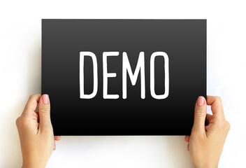 Demo - demonstration of a product or technique, text concept on card