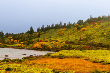 Obraz premium 一切経山登山道 鎌沼辺りから紅葉に染まる山