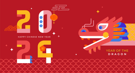 Lunar new year background, banner, Chinese New Year 2024 , Year of the Dragon. banner with dragon, flowers and clouds. Geometric vector flat modern style