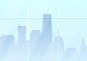 City skyline in window. Cityscape background. Urban landscape, modern buildings, skyscraper silhouette. Vector illustration.