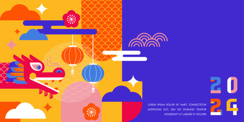 Lunar new year background, banner, Chinese New Year 2024 , Year of the Dragon. Geometric vector illustration in flat modern style - obrazy, fototapety, plakaty