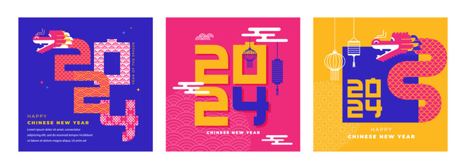 Lunar new year vertical background, banner, social media story template. Chinese New Year 2024 , Year of the Dragon. Geometric modern vector style - 666557416