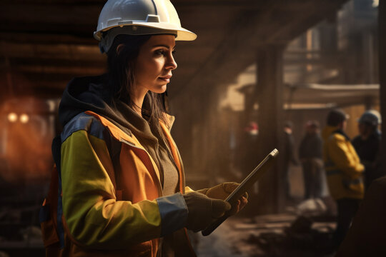 Young Female Worker Using Her Digital Tablet At A Construction Site