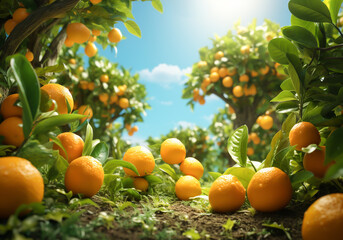 Closeup of orange trees with abundant orange harvest. AI generated