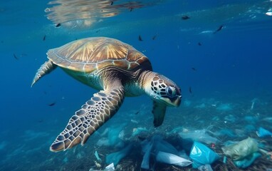 Obraz premium sea turtle swims in the ocean among the garbage