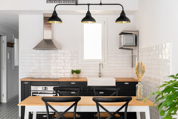 Kitchen unit with appliances and dining table in apartment