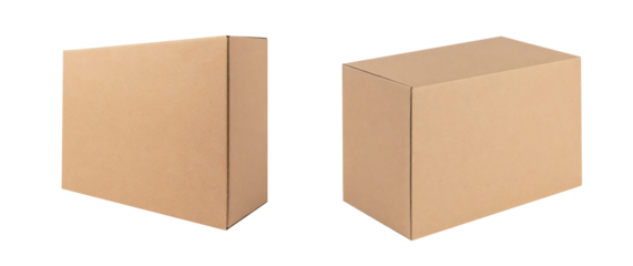 Set of blank brown cardboard boxes for mockups and designs, isolated on a transparent background with a PNG cutout or clipping path.