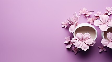  a pair of white cups with pink flowers on a purple background.  generative ai
