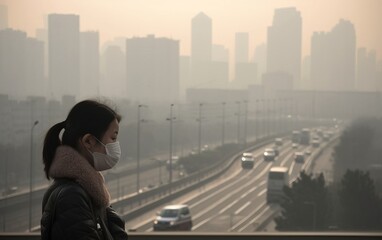 a girl in a mask on the background of a polluted city
