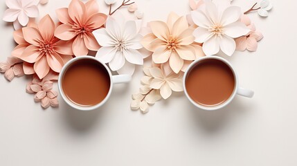 Obraz na płótnie Canvas two mugs of coffee surrounded by flowers on a white surface. generative ai