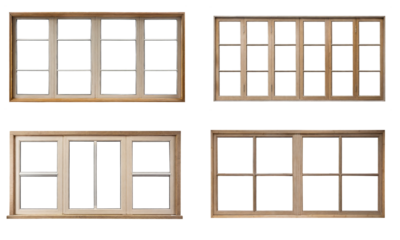 Collection of real vintage wooden house window frame sets, isolated on a transparent background with a PNG cutout or clipping path.
