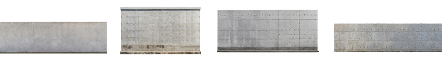 Set of concrete cement walls, building barriers or borders, isolated on a transparent background. PNG, cutout, or clipping path.