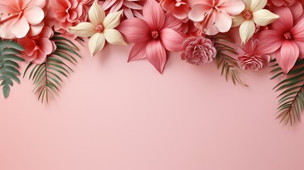  a pink background with pink flowers and green leaves on it.  generative ai