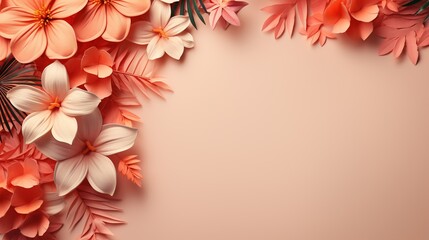 a pink and white background with flowers and leaves on it.  generative ai