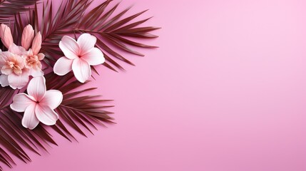  a pink background with pink flowers and palm leaves on it.  generative ai