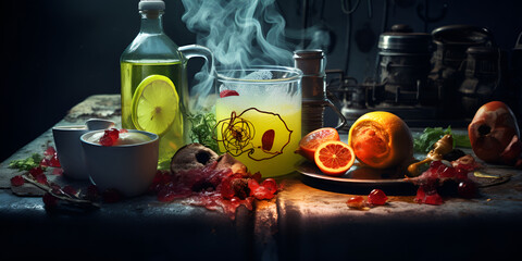 Modern fruit Hookah bowl with orange and a lot of fresh fruits with  red hot coconut coals charcoal with a lot of smoke at black background Generative Ai - obrazy, fototapety, plakaty