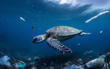 Fototapeta premium sea turtle swims in the ocean among the garbage