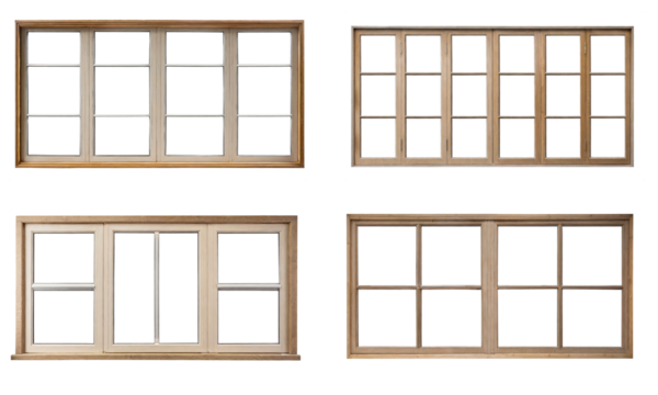 Collection of real vintage wooden house window frame sets, isolated on a transparent background with a PNG cutout or clipping path.