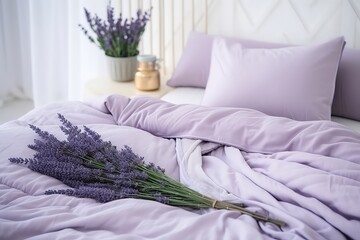 A Bed With Lavender Flowers On It - obrazy, fototapety, plakaty