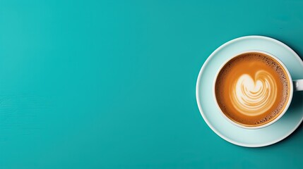  a cup of coffee on a blue table with a spoon.  generative ai