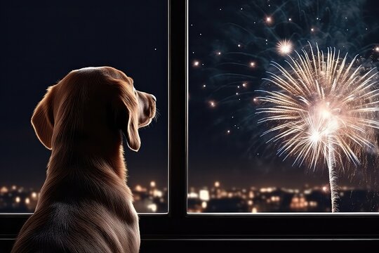 Dog Watching Fireworks From The Window. Сoncept Summer Barbecue Party With Friends, Beach Vacation Fun, Hiking In The Mountains, Urban Street Art Exploration