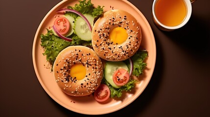  a plate with two bagels and a cup of tea.  generative ai