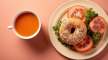  a bagel with tomatoes, lettuce, and sesame seeds on a plate next to a cup of tea.  generative ai