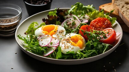  a plate of salad with hard boiled eggs on top of it.  generative ai