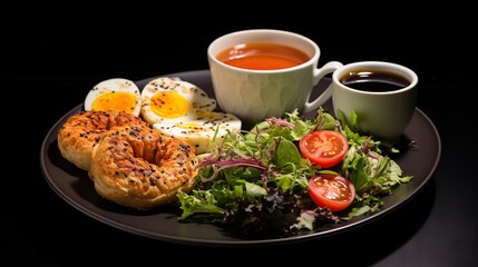 Fototapeta na wymiar a plate of food with eggs, bread, salad and a cup of tea. generative ai