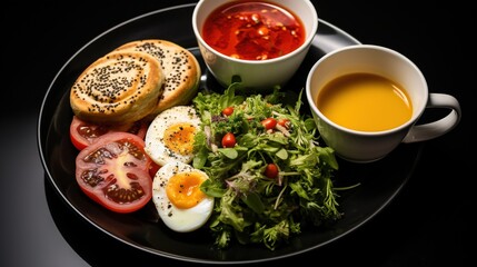 Obraz na płótnie Canvas a plate of food with eggs, tomatoes, salad and soup. generative ai