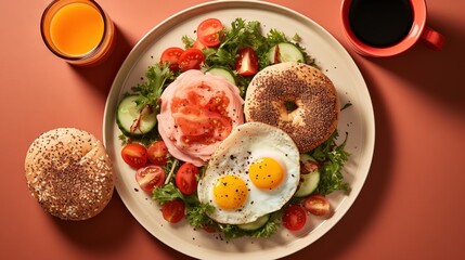  a plate of food with a bagel, tomatoes, cucumber, and eggs.  generative ai