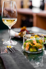 tasting set appetizer food and white wine glass