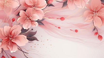  a floral background with pink flowers on a white background with a gold border.  generative ai